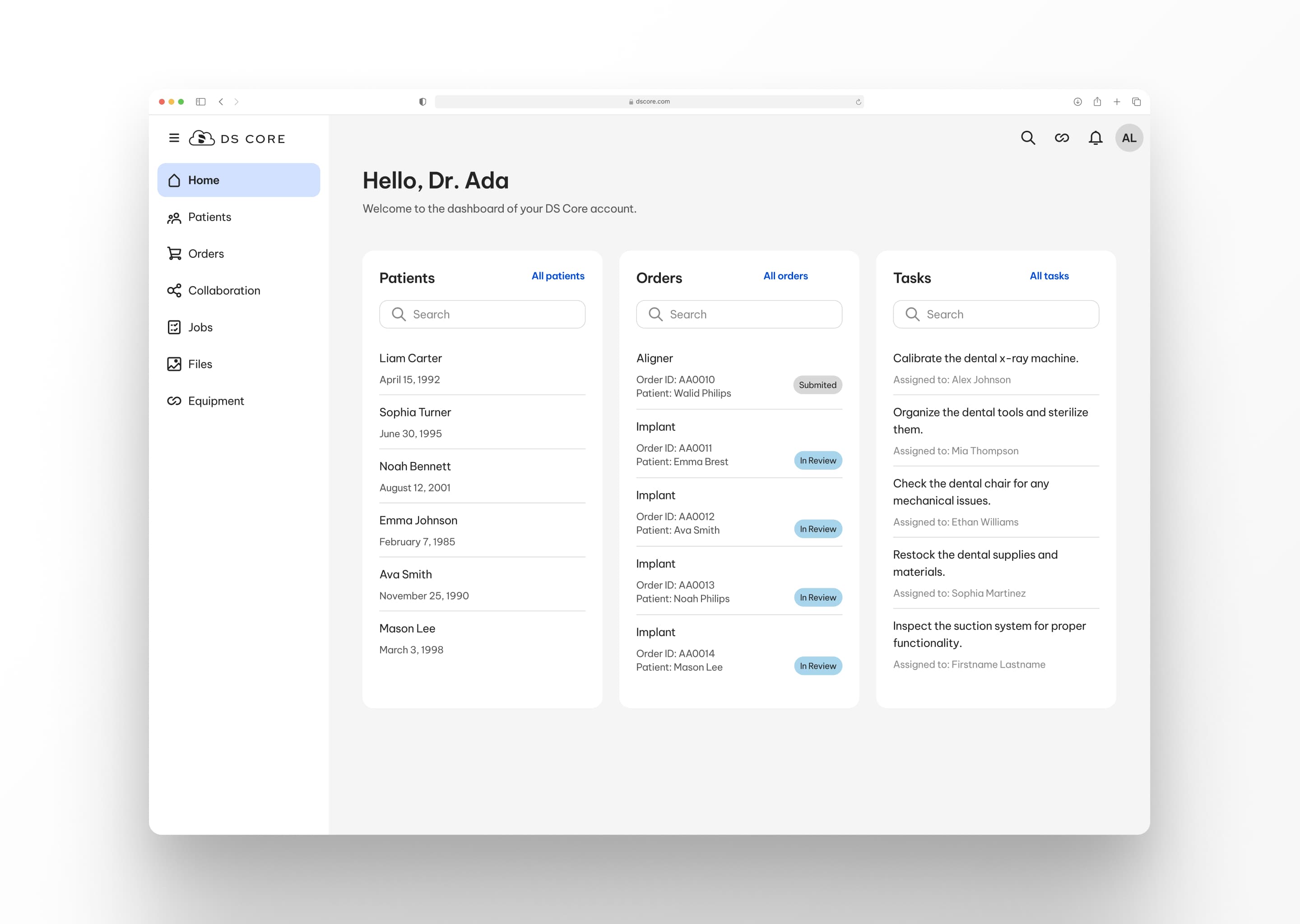 DS Core clinic dashboard with orders and patient view
