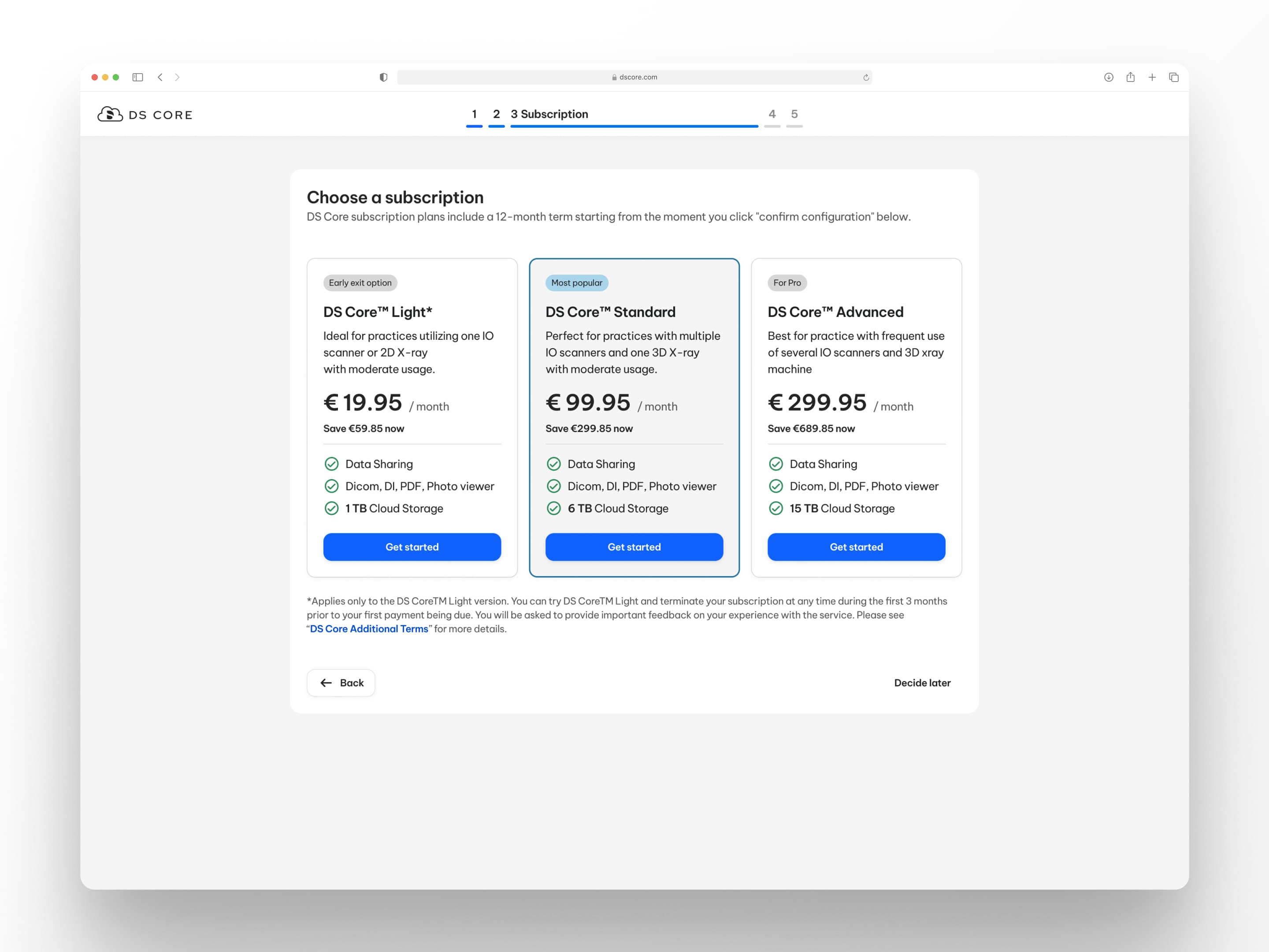 DS Core pricing screen in the ordering portal