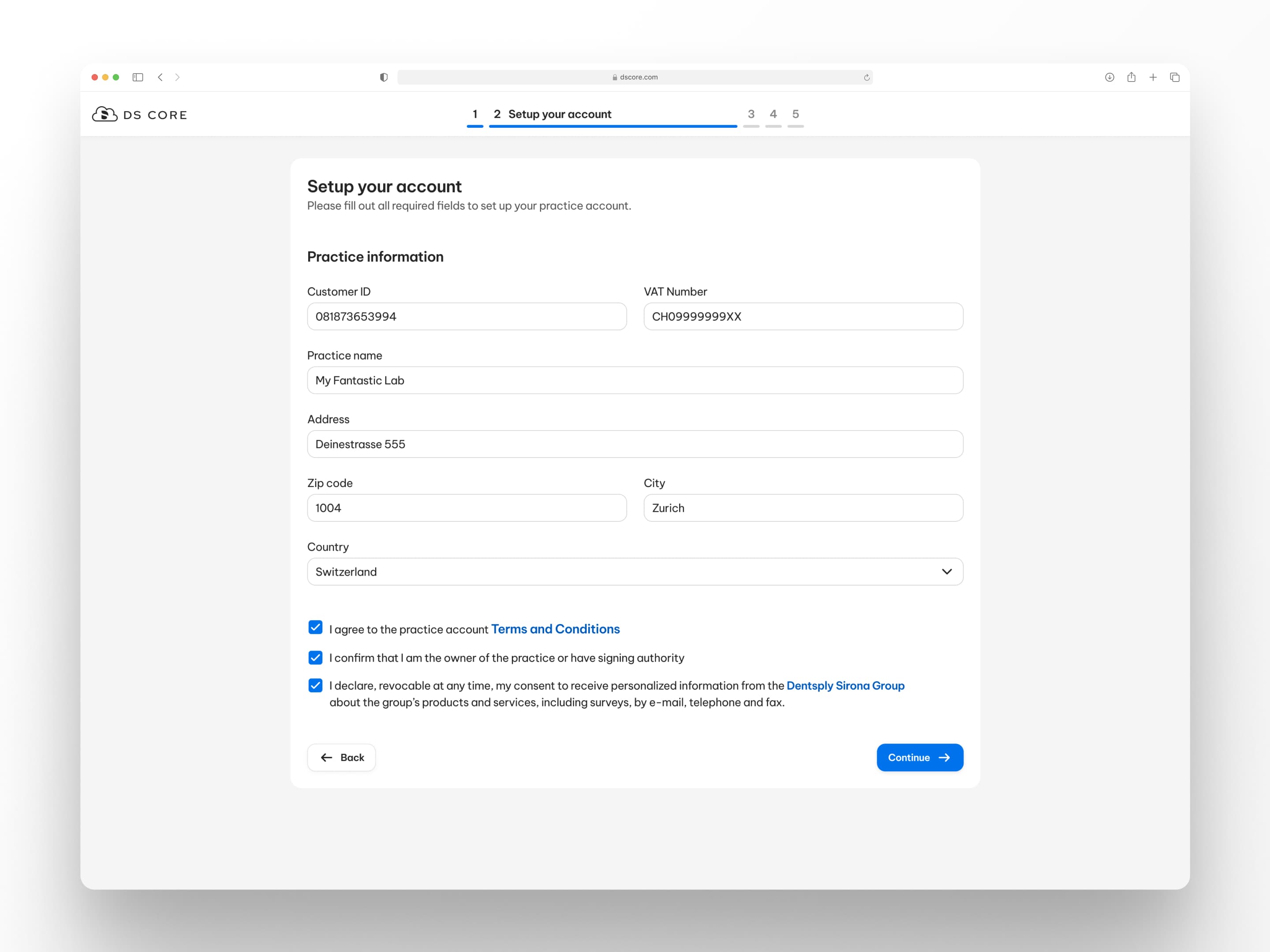 DS Core account setup step during onboarding