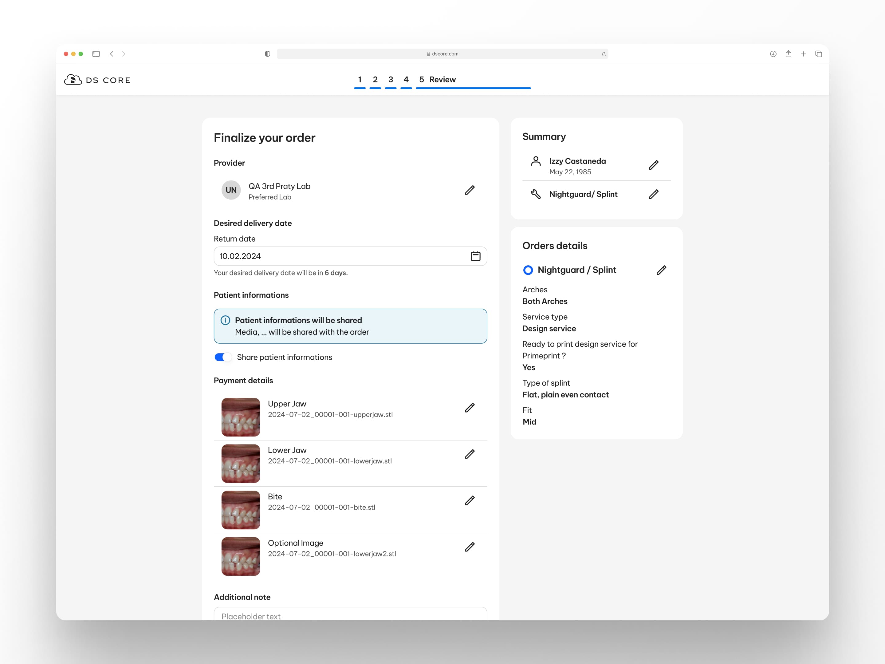 DS Core ordering portal order review