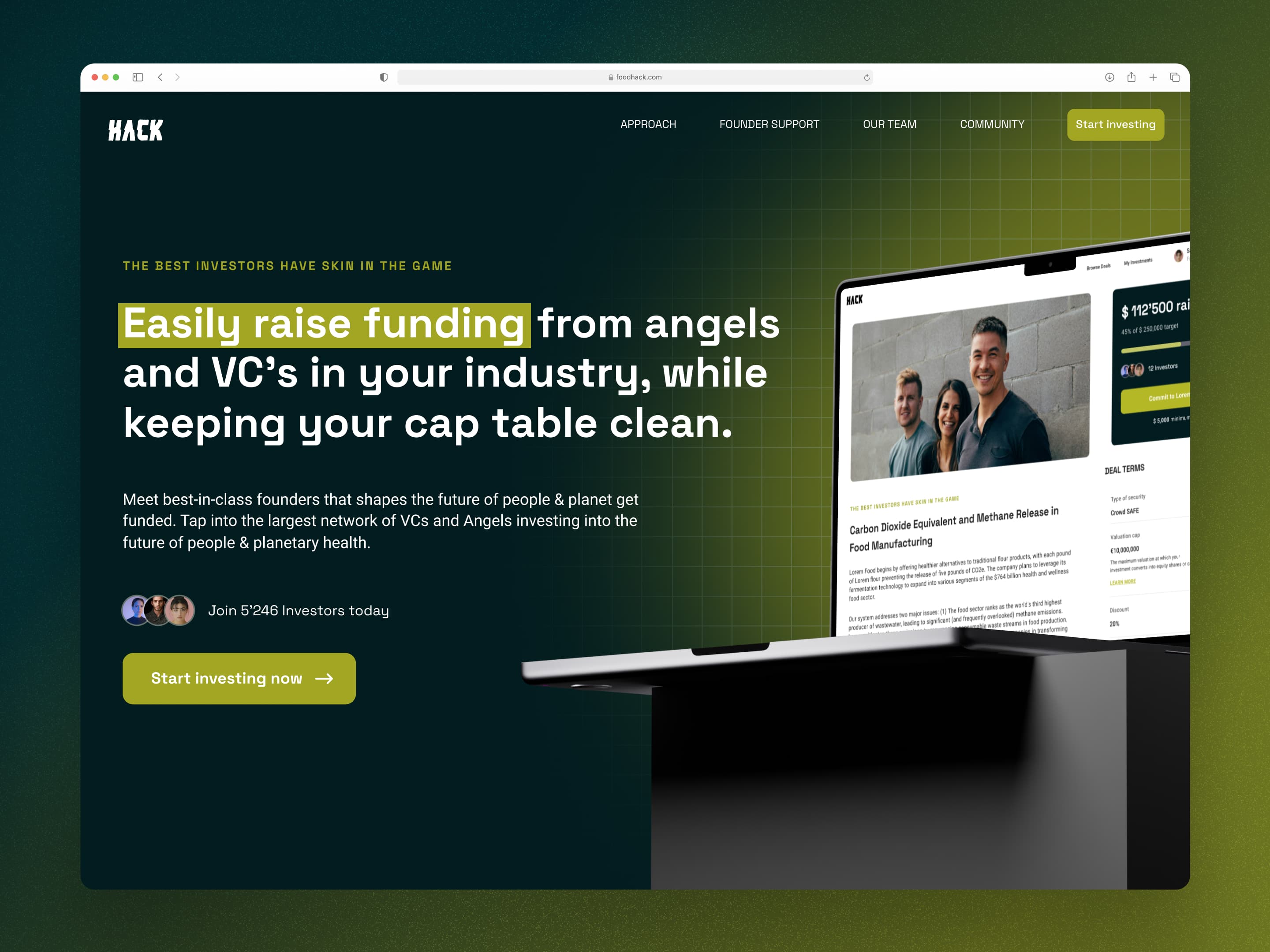 Foodhack landing page for investor acquisition