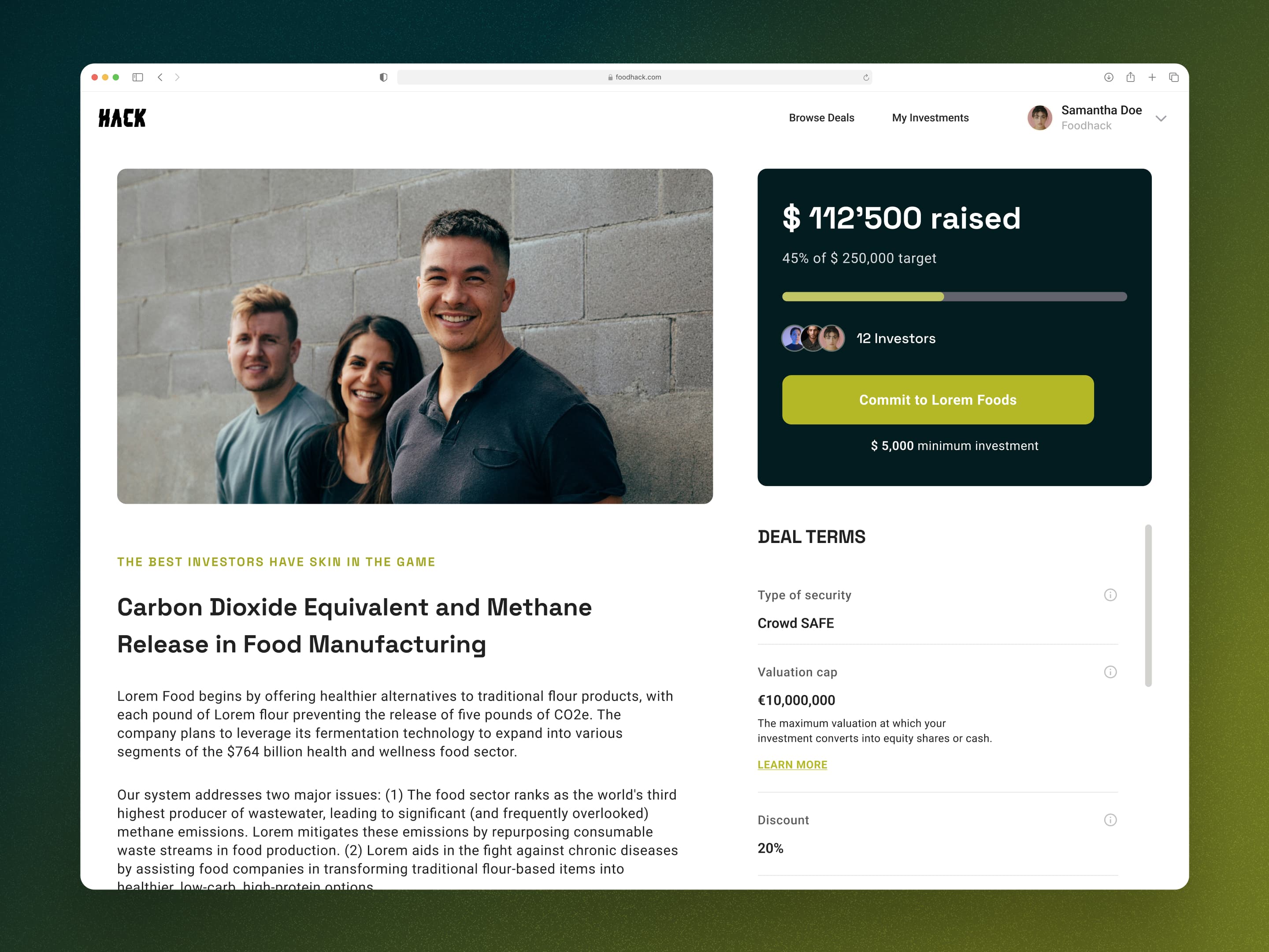 Foodhack deal raising page with editorial context and deal terms