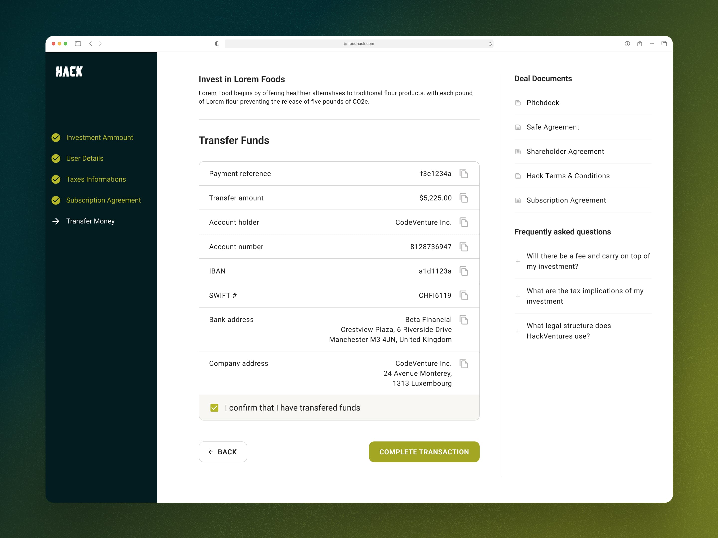 Foodhack fund transfer step with bank details and documents
